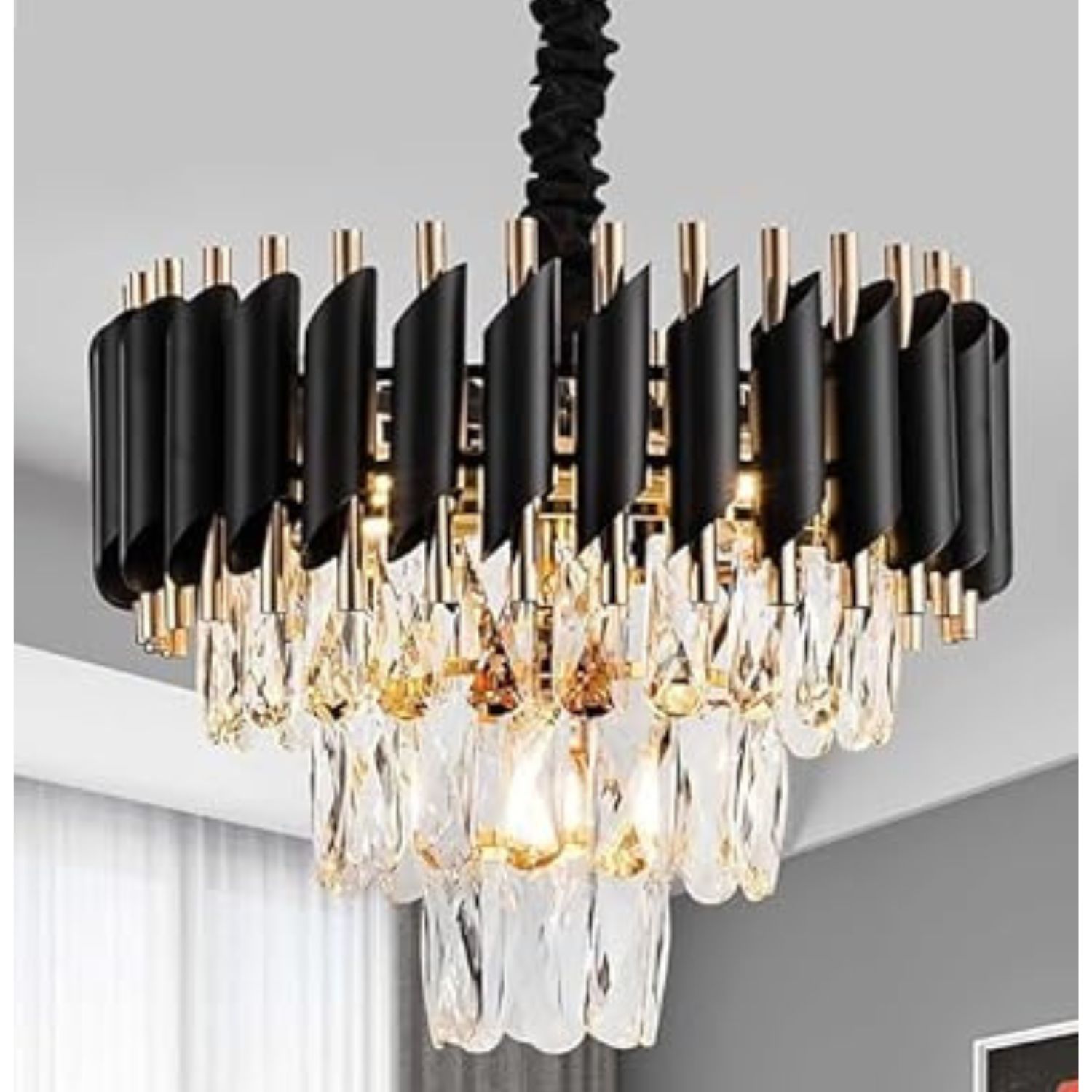 PQG Black Mamba Modern Crystal Pendant Light 3 Tiers Black Gold Fixture 16 Inch Round Stainless Steel Design