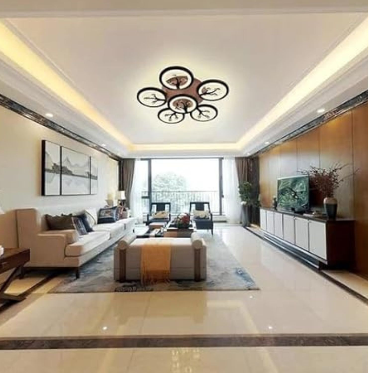 PQG Center Circle LED Ceiling Chandelier Lamp Elegant Modern 3in1 Colors with Remote for Living Room