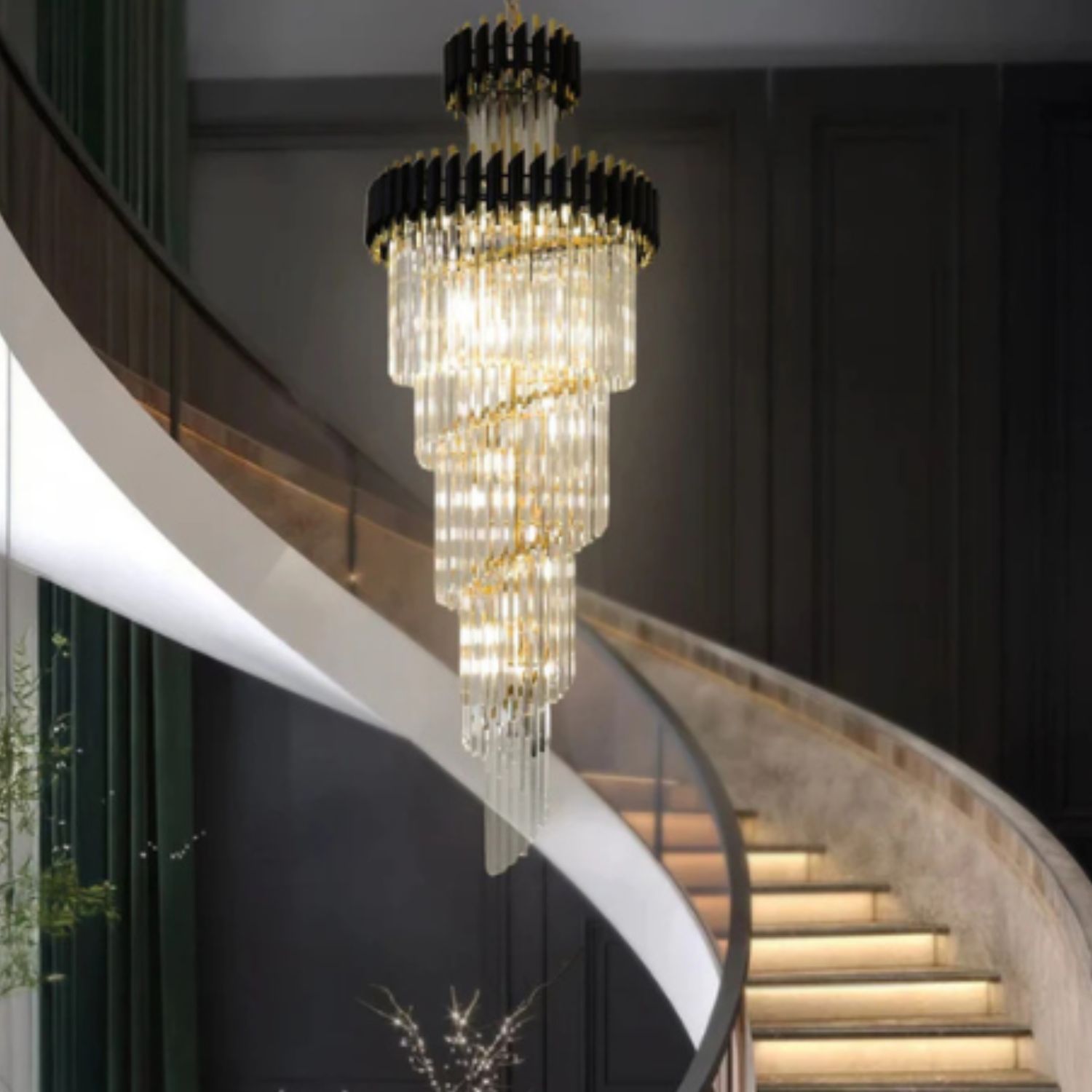 PQG Spiral Black Geminus Long Crystal Double Height Chandelier Flush Mount Light for Foyer Staircase Living Room