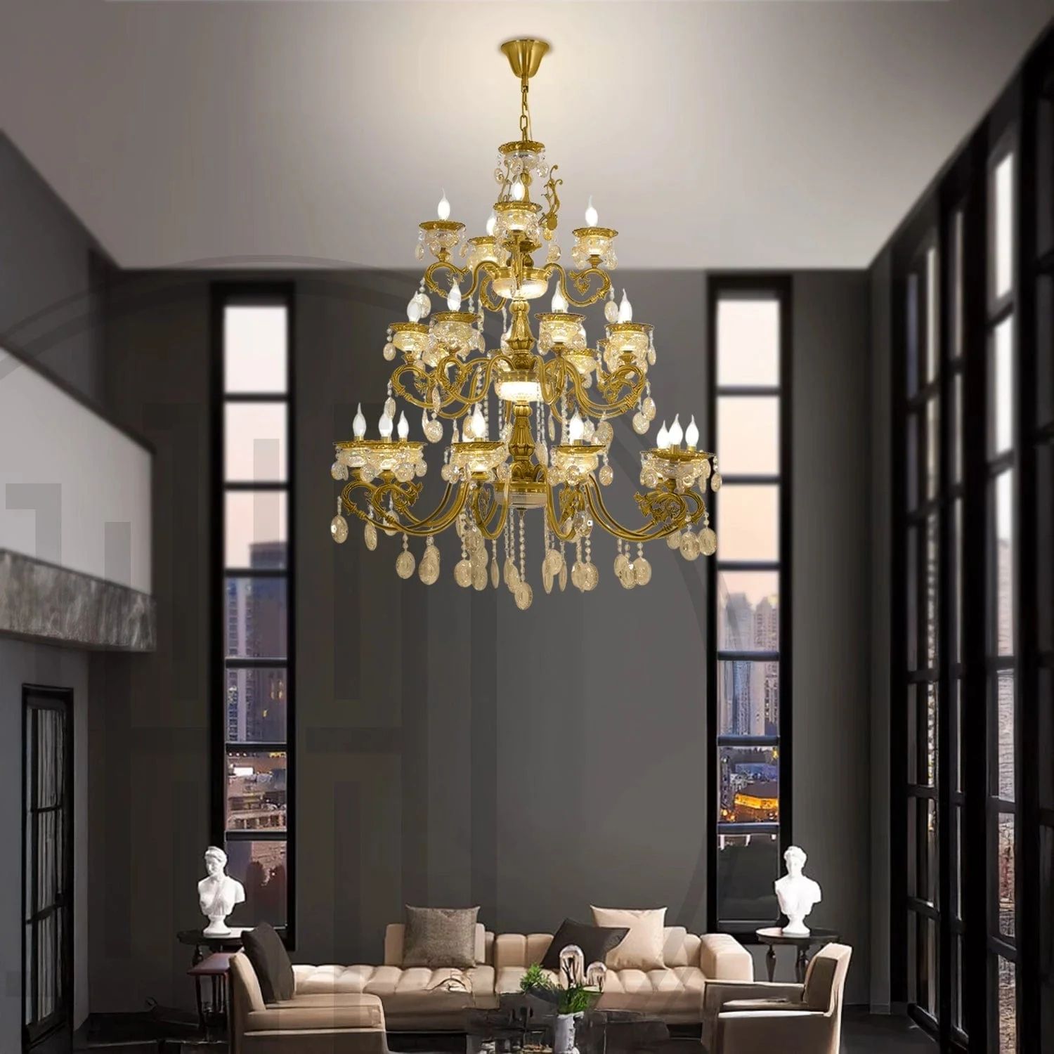 PQG Haveli Chandelier Multi Tiered Antique Gold with K9 Crystal Embellishments Solid Brass Frame 24 Arms