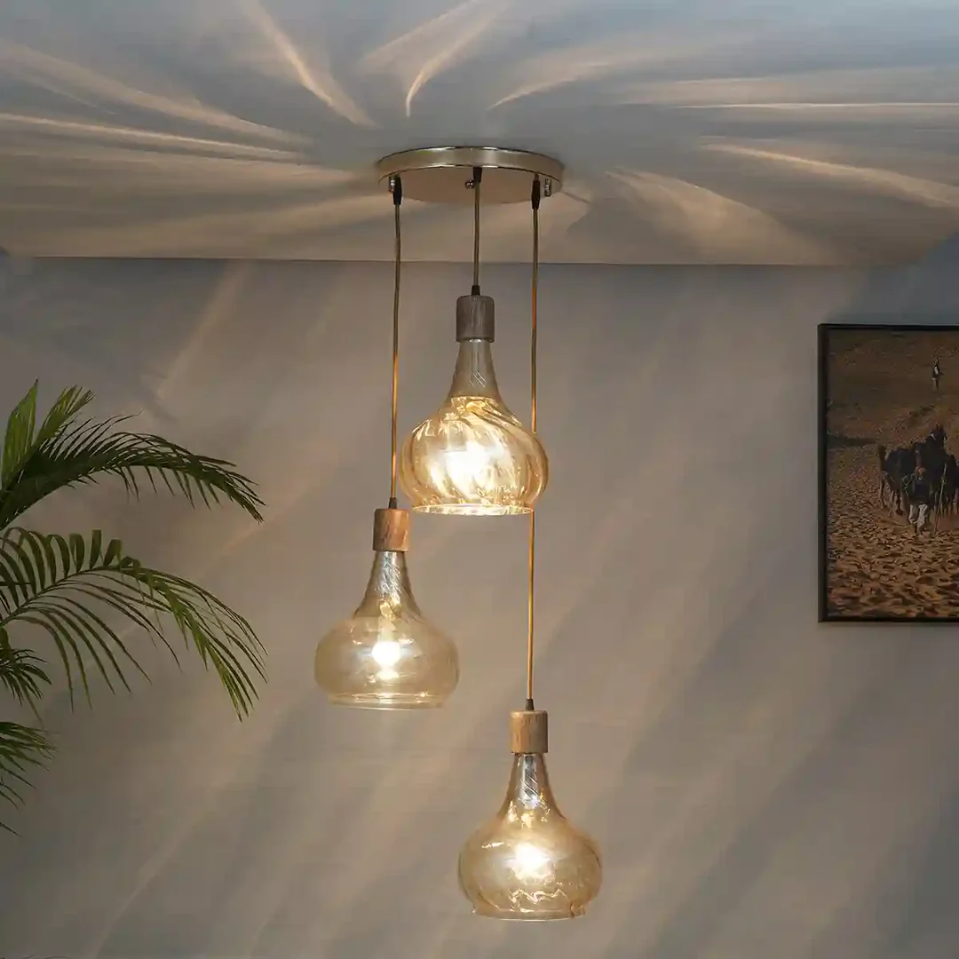 3 Light Amber Glass Round Hanging Pendant Light